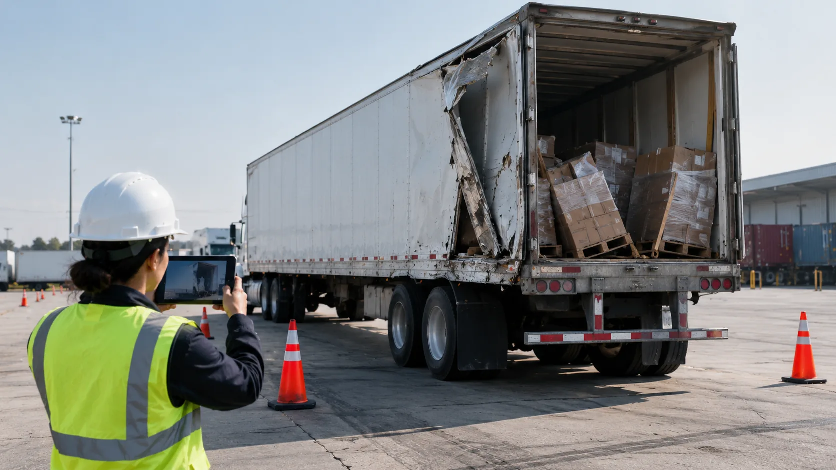 Inspección de daños en un tráiler y su carga
