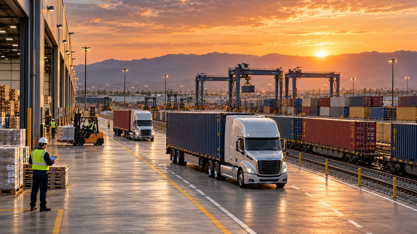 Terminal intermodal al atardecer con transporte carretero y ferroviario